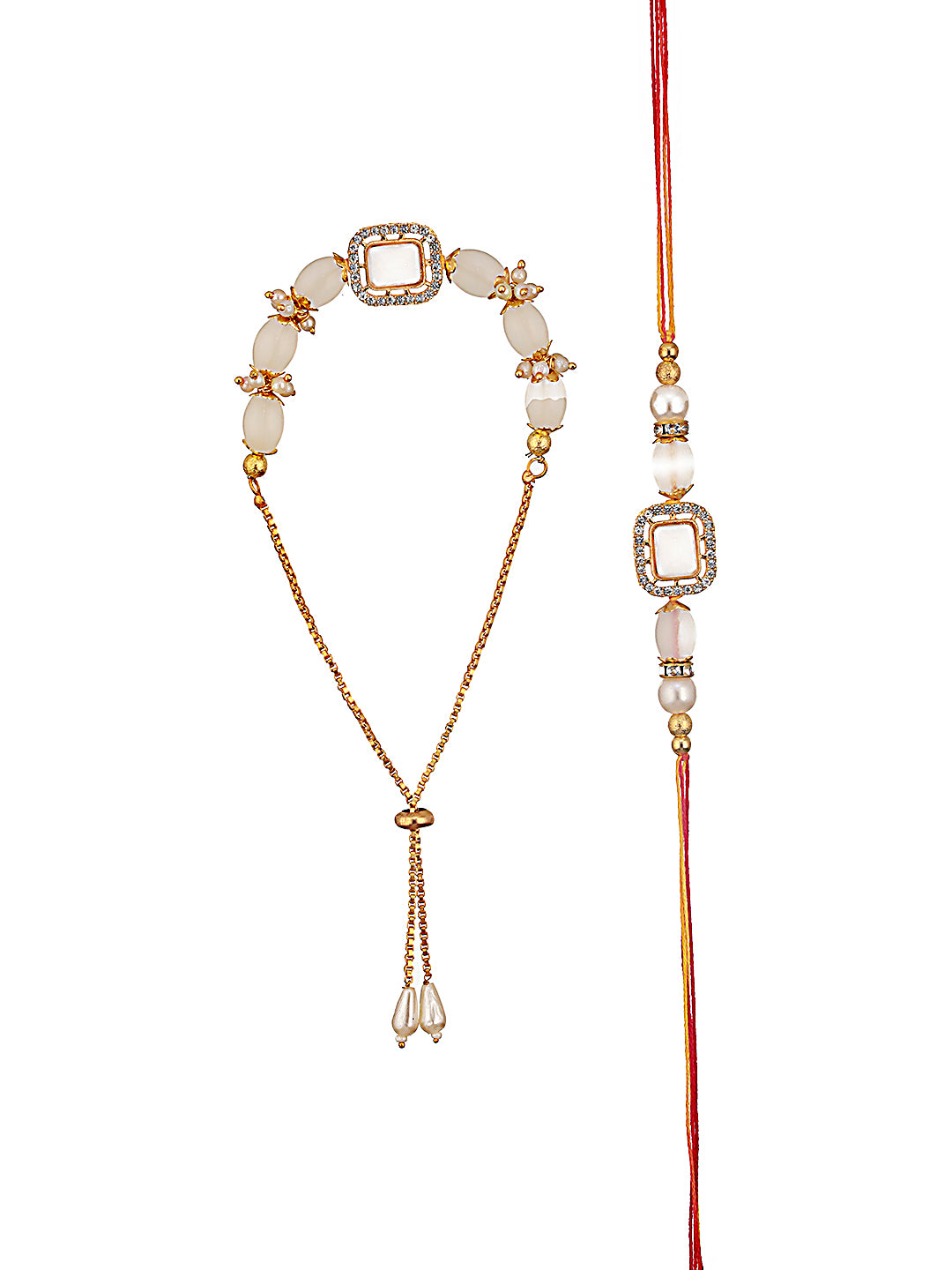 Set Of 2 Baby Pink Stone & Cz Studded Bhaiya Bhabhi Chain Rakhi With Roli & Chawal