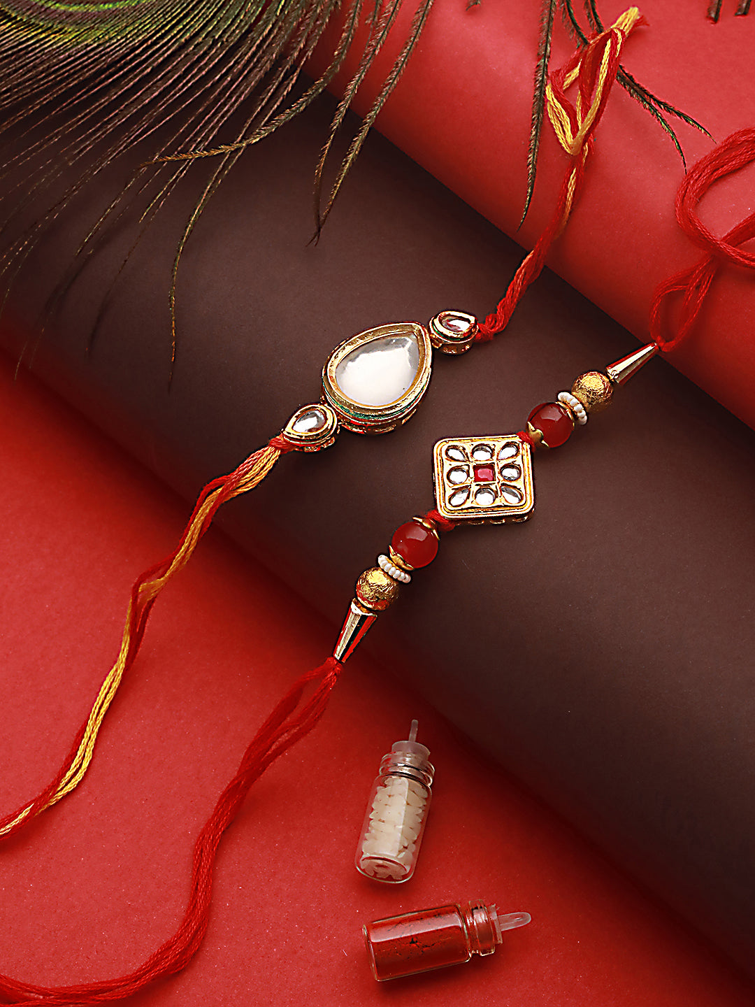 Unisex Set Of 2 Kundan Studded & Beaded Rahi With Roli & Chawal