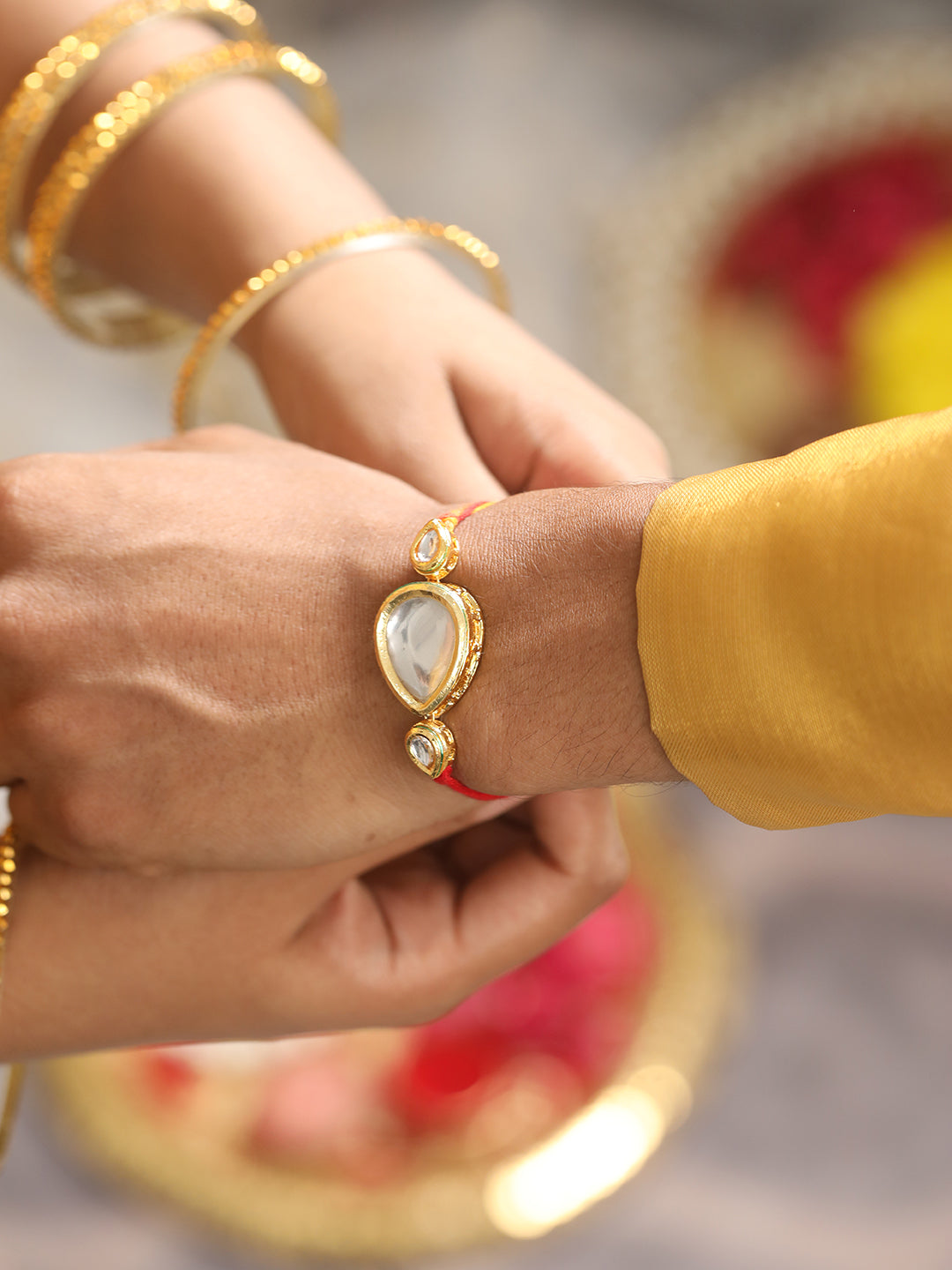 Unisex Set Of 2 Kundan Studded & Beaded Rahi With Roli & Chawal