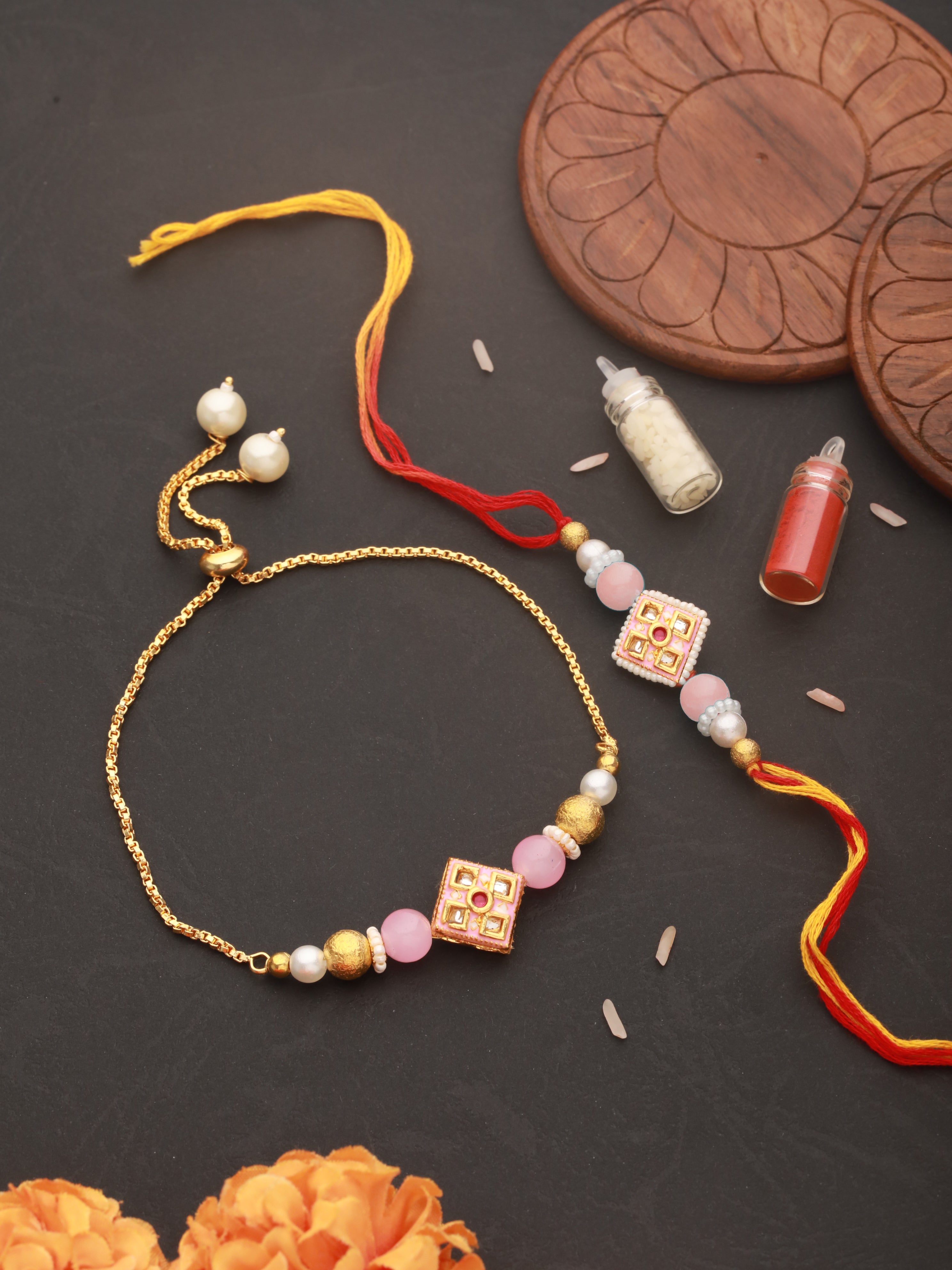 Jazz And Sizzle Set Of 2 Kundan Studded & Pearl Beaded Bhaiya Bhabhi Chain Rakhi With Roli & Chawal