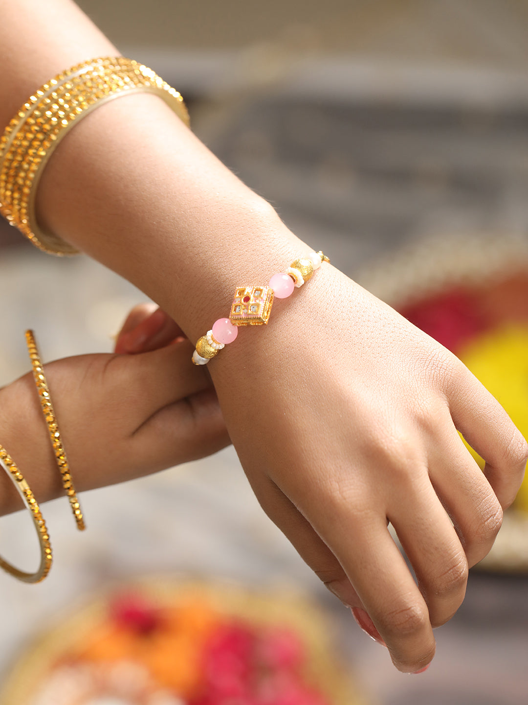 Jazz And Sizzle Set Of 2 Kundan Studded & Pearl Beaded Bhaiya Bhabhi Chain Rakhi With Roli & Chawal