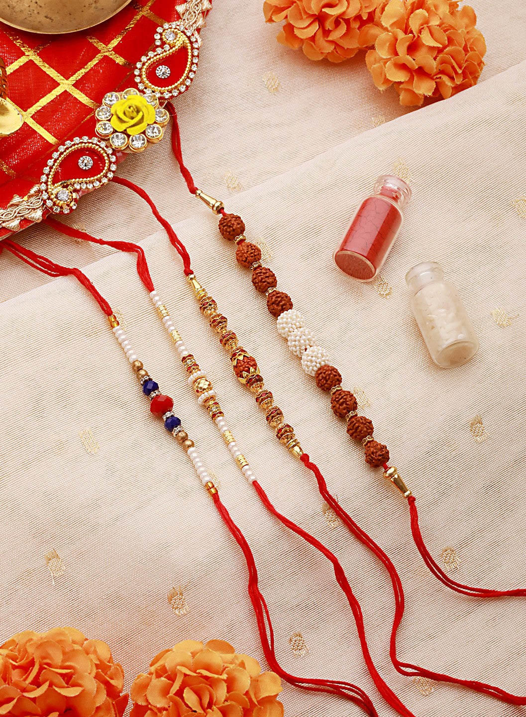 Set Of 4 Men Brown & Blue Rudraksh Beaded Spiritual Rakhi With Roli & Chawal