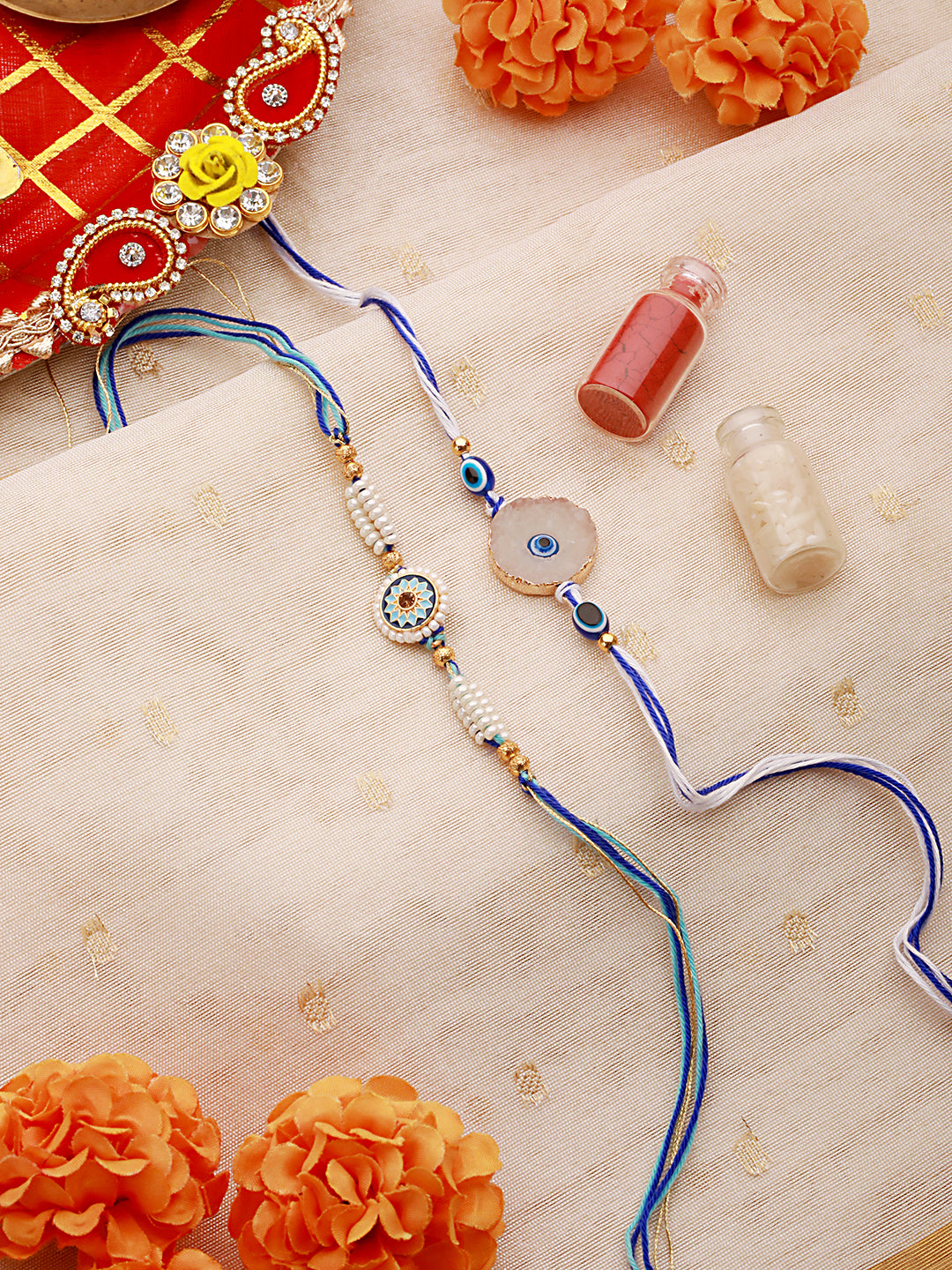 Set Of 2 Semi-Precious Stone Evil Eye & Pearl Beaded Charm Rakhi With Roli & Chawal