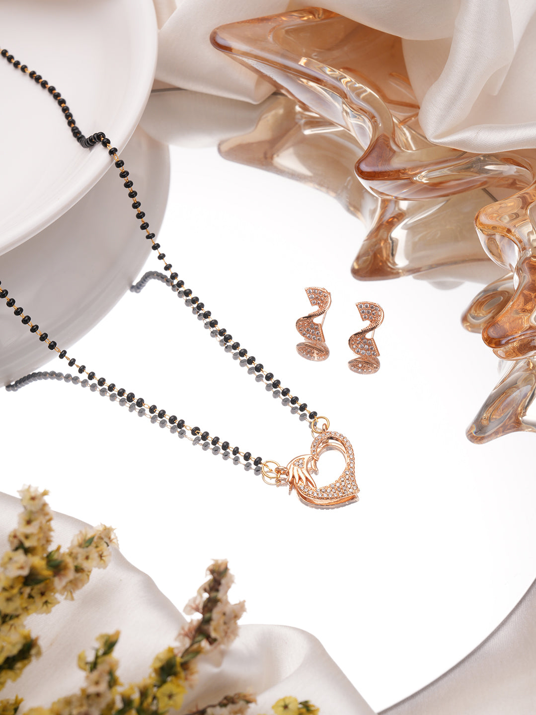 18K Rose Gold-Plated Cubic Zirconia Studded Mangalsutra Set with Black Beads & Earrings