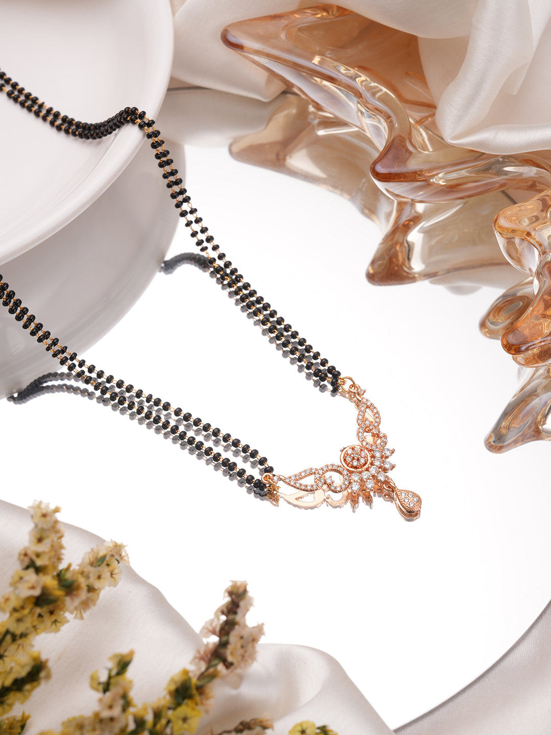 Jazz And Sizzle Rose Gold Plated Black Beads Beaded Floral Shaped Mangalsutra