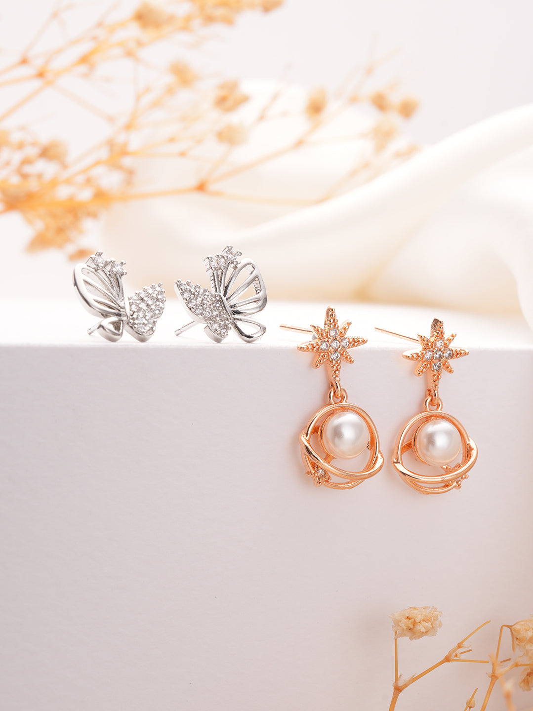 Set of 2 Silver & Rose Gold-Plated Contemporary Studs & Drop Earrings