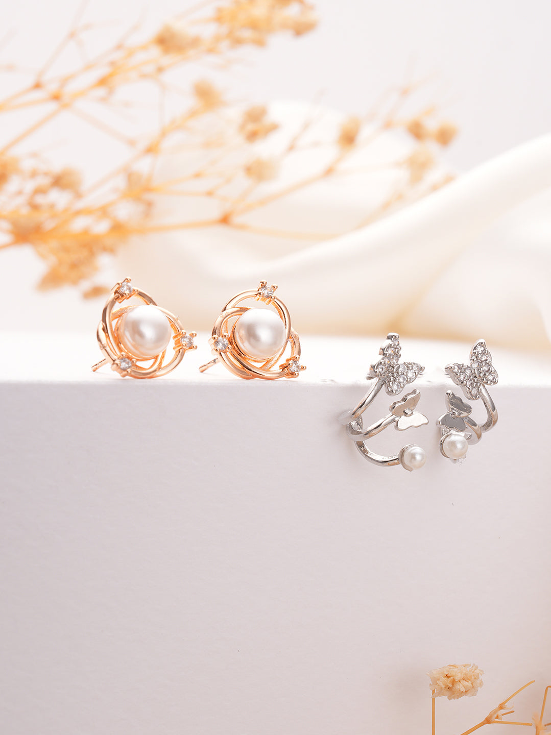 Set of 2 Silver & Rose Gold-Plated Contemporary Studs Earrings