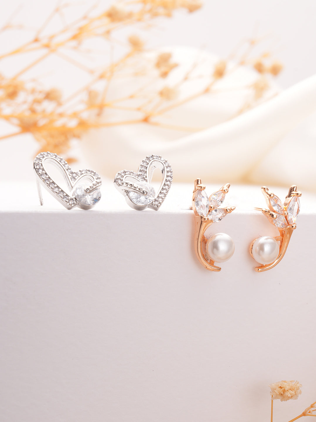 Set of 2 Silver & Rose Gold-Plated Contemporary Studs Earrings