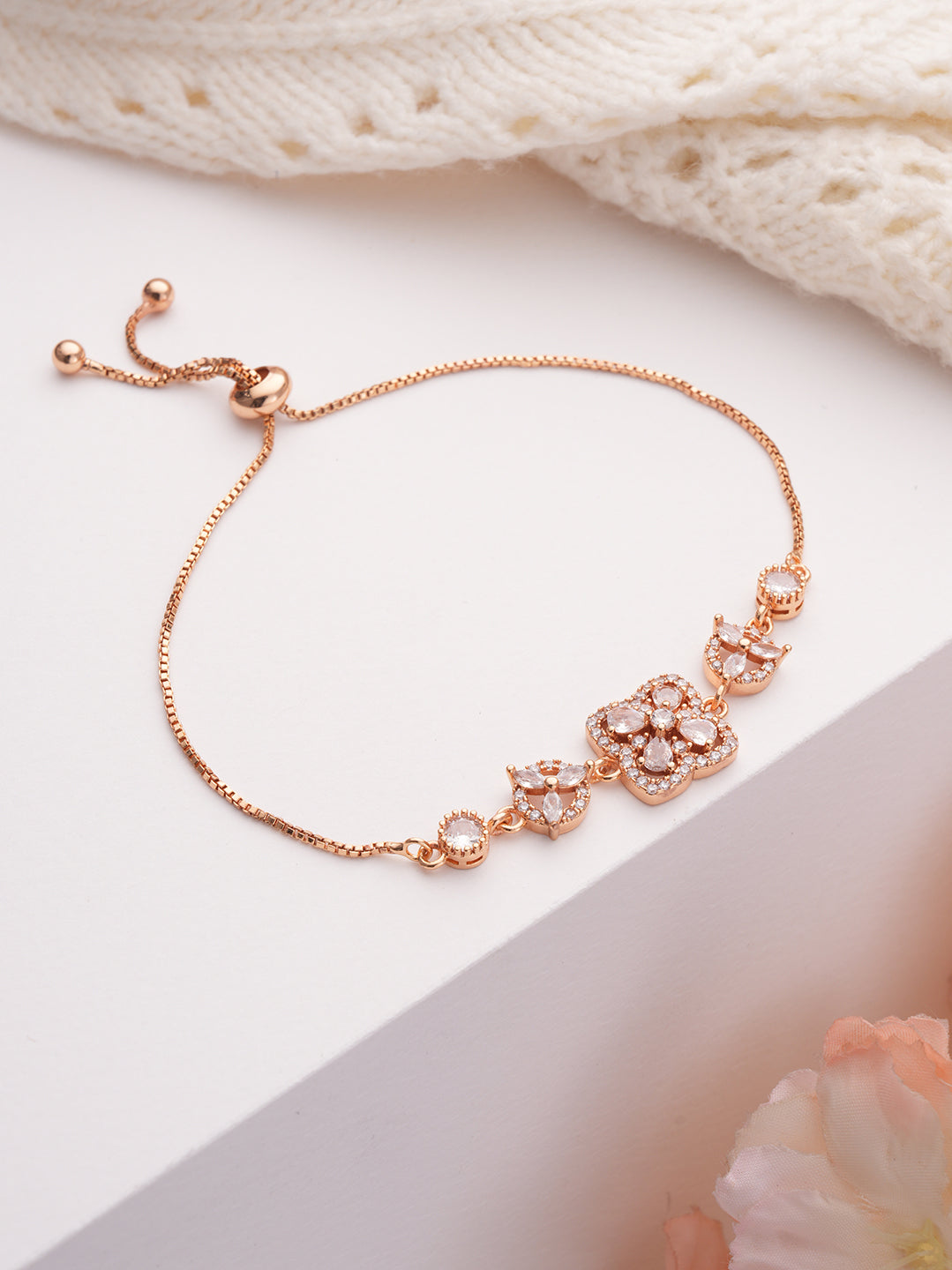Rose Gold Plated & Cubic Zirconia Floral Pattern Link Bracelet
