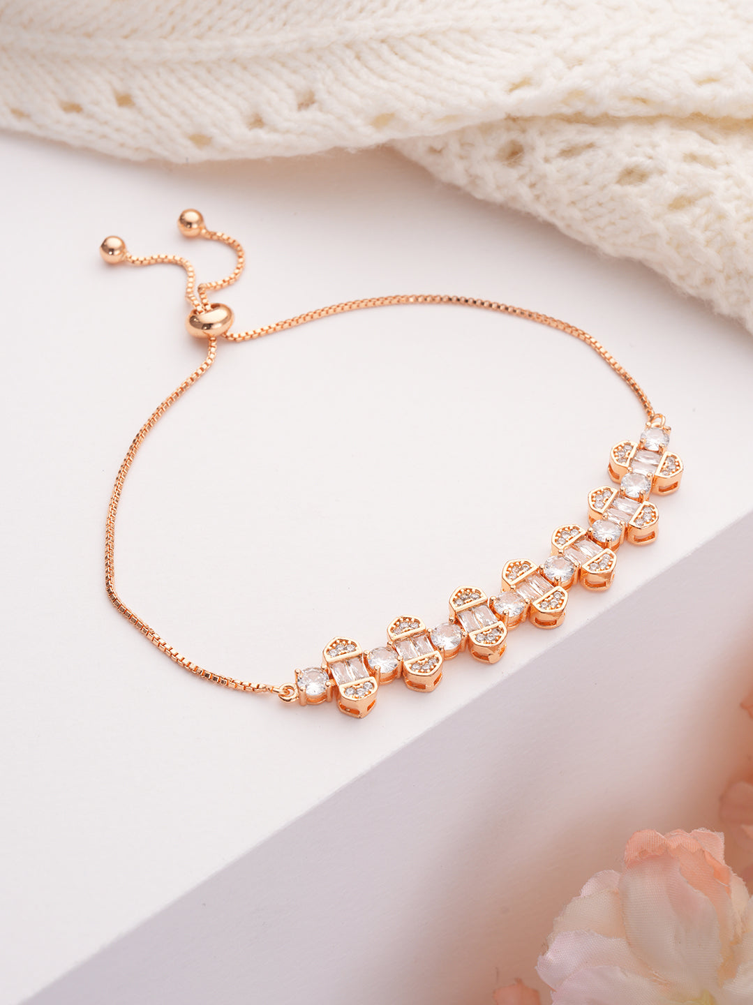 Brass Cubic Zirconia Rose Gold-Plated Link Bracelet