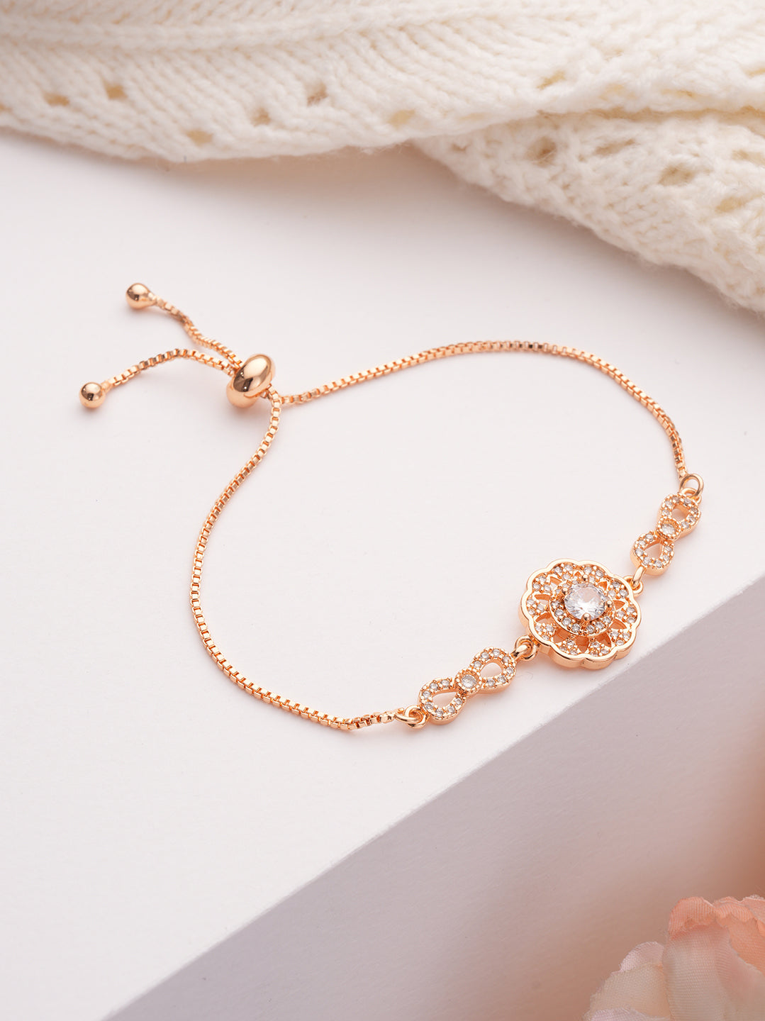 Rose Gold Plated & Cubic Zirconia Circular Pattern Link Bracelet