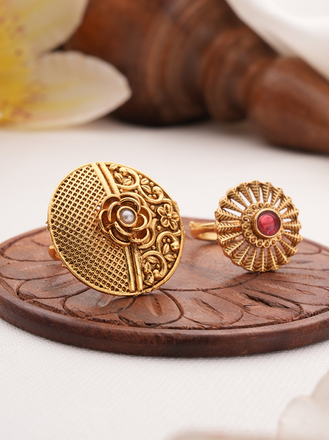 Set Of 2 Gold-Plated Red & WhiteStone Studded Rings