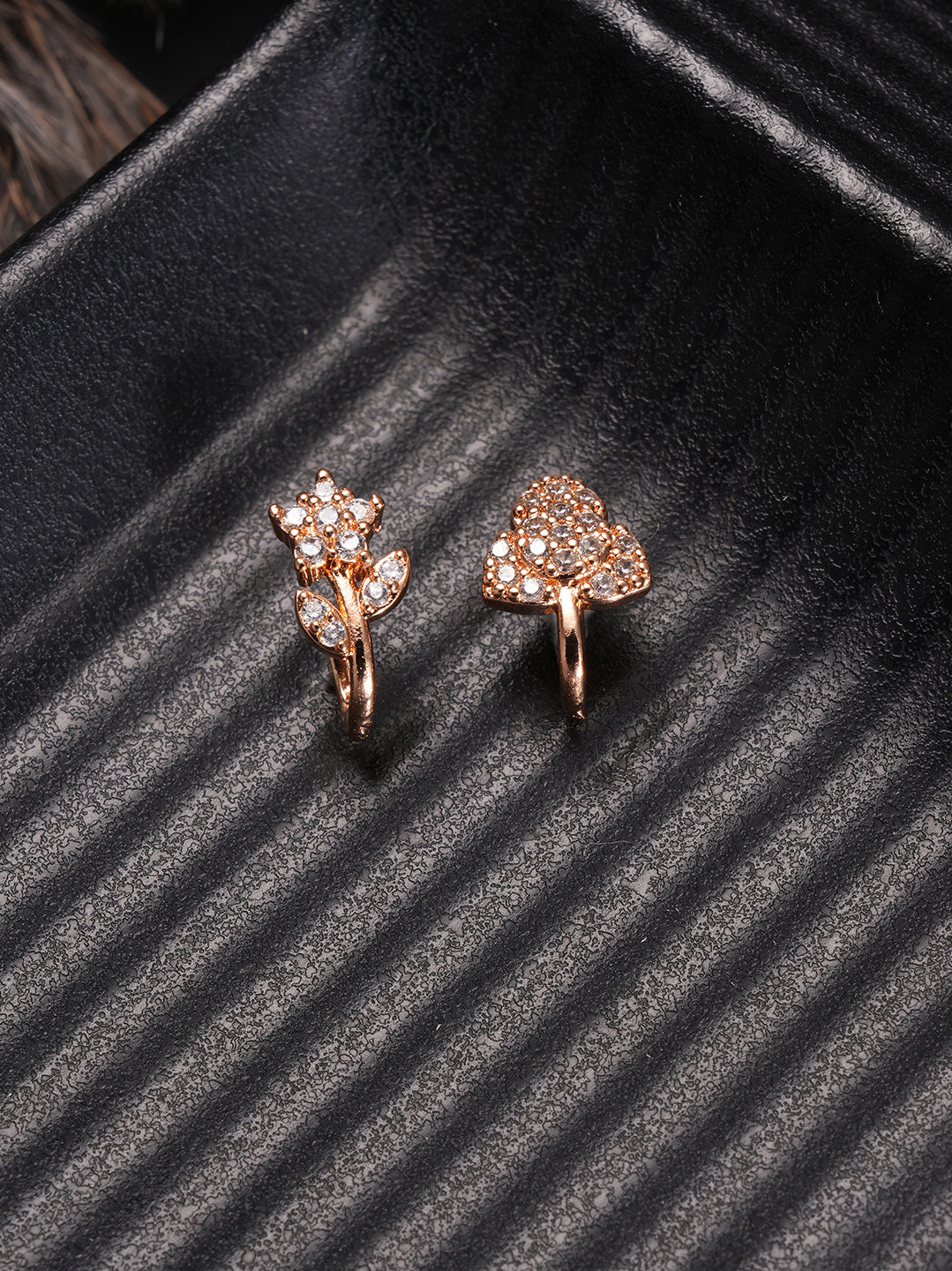 Jazz And Sizzle Set Of 2 Rose Gold Plated & American Diamond Stone Studded Floral Nose Ring (No need of Piercing)