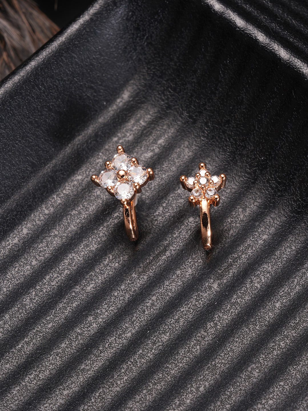 Jazz And Sizzle Set Of 2 Rose Gold Plated & American Diamond Stone Studded Star Shaped Nose Ring (No need of Piercing)