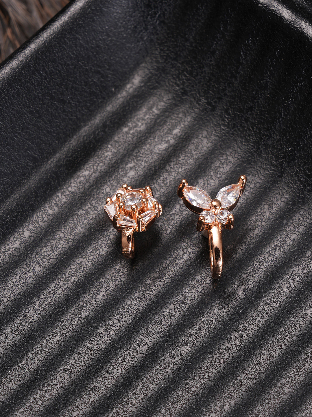 Jazz And Sizzle Set Of 2 Rose Gold Plated & American Diamond Stone Studded Nose Ring (No need of Piercing)