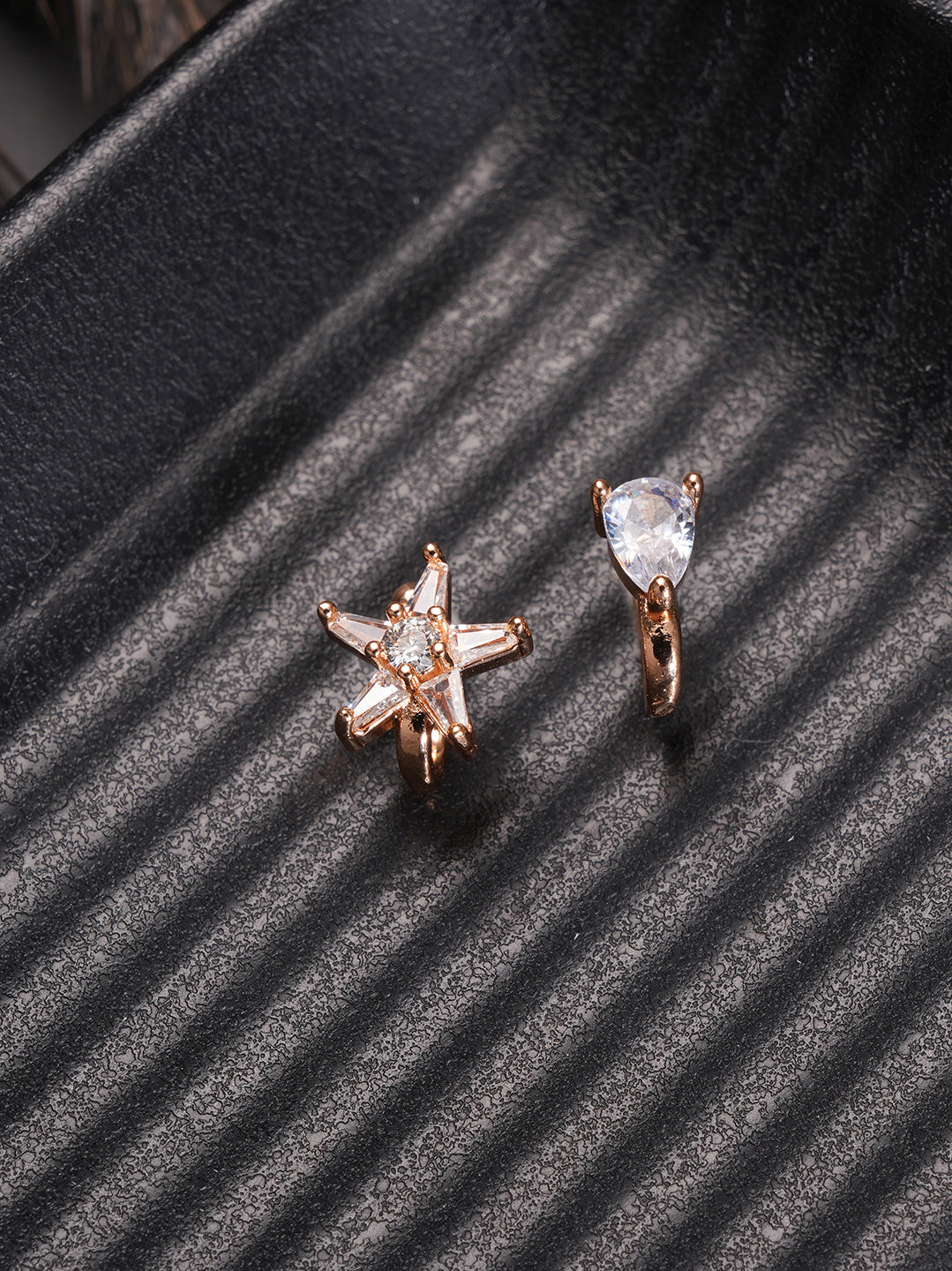 Jazz And Sizzle Set Of 2 Rose Gold Plated & American Diamond Stone Studded Nose Ring (No need of Piercing)