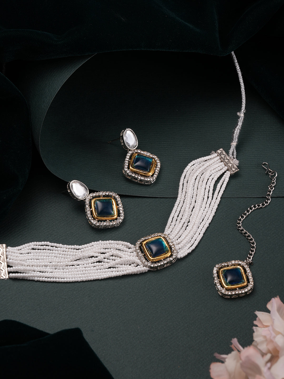 Gold-Plated Aqua Blue Austrian Diamond Studded & Beaded Jewellery Set with Maangtikka