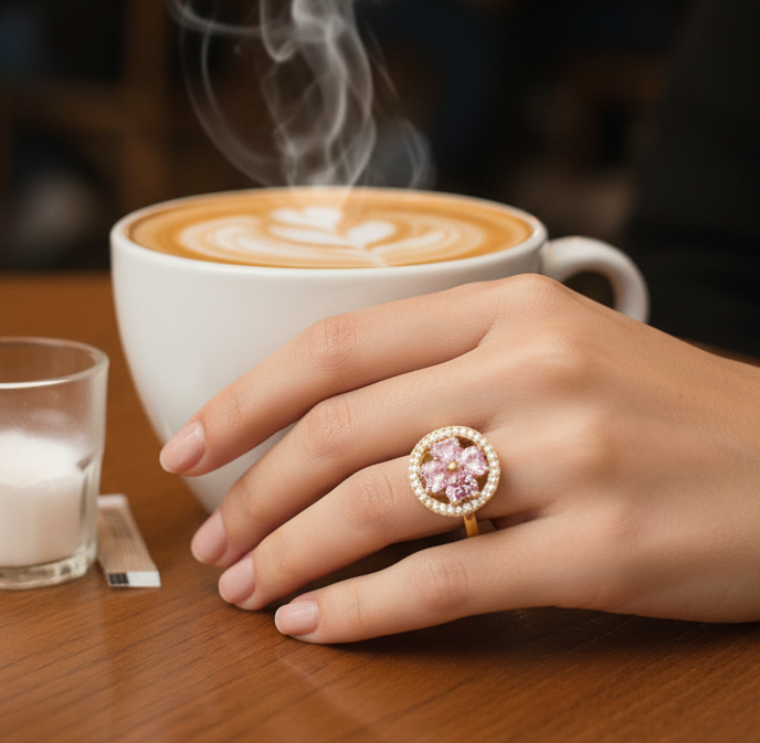 Jazz And Sizzle Gold Plated Crystal Gold Pink Floral Statement Ring