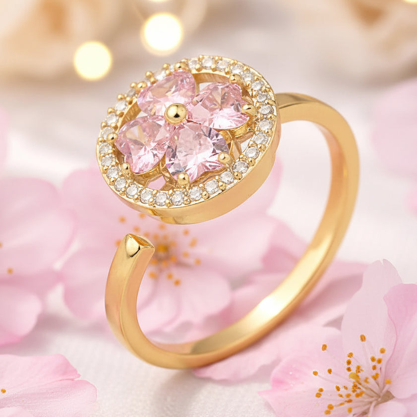 Jazz And Sizzle Gold Plated Crystal Gold Pink Floral Statement Ring