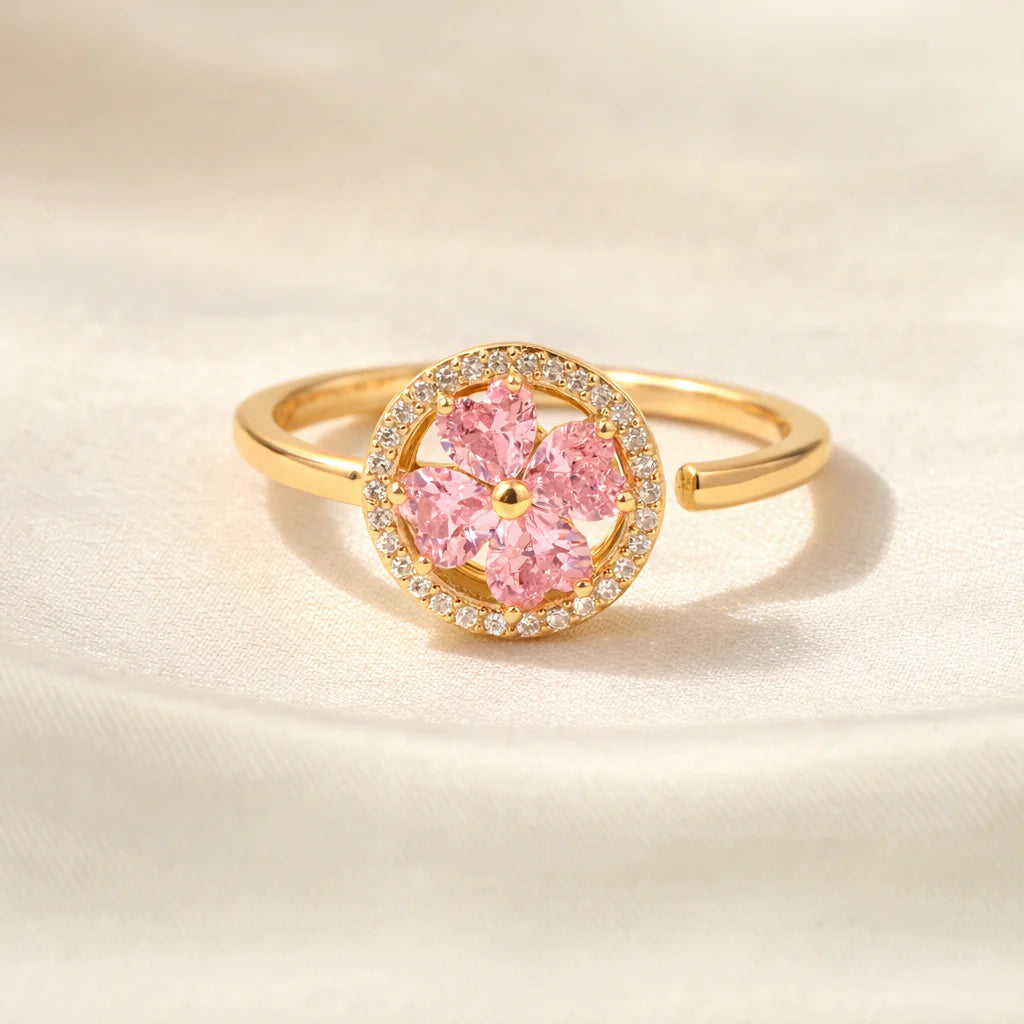 Zivara Crystal Gold Pink Floral Statement Ring
