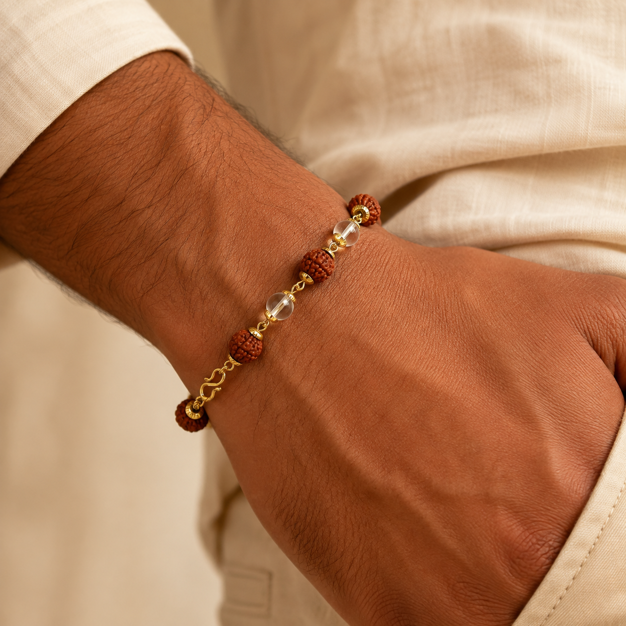 Rudraksha & Clear Crystal Beaded Bracelet for Men & Women-JS-SBR-022