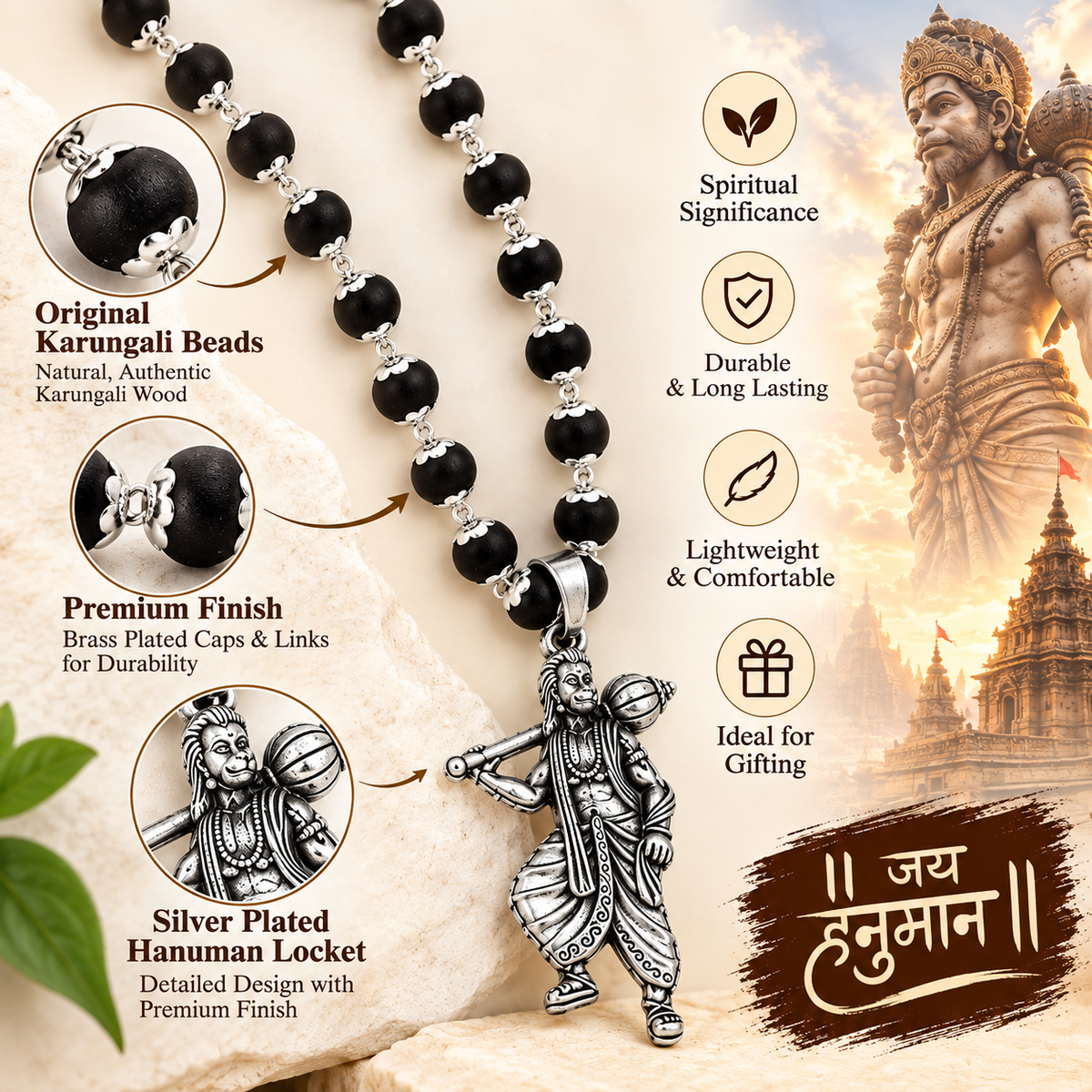 Original Karungali Mala with Silver Plated Hanuman Ji Locket for Men- js-snl-034