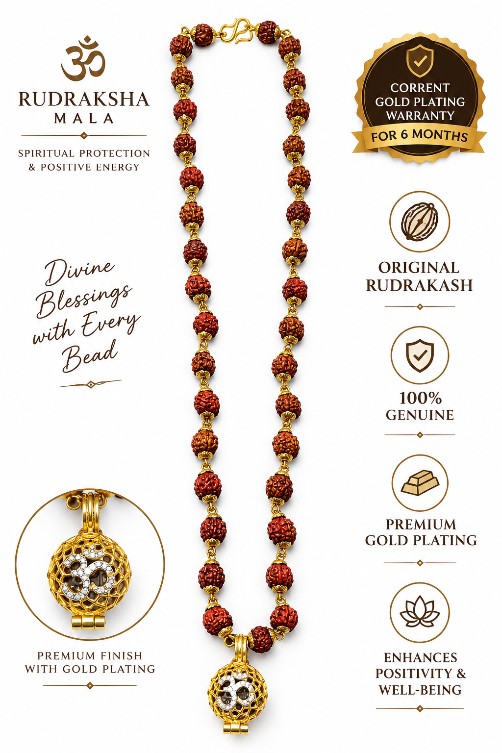 Original Rudraksha Mala with Gold-Plated Om Pendant | Genuine Rudraksha Beads for Men & Women-JS-SNL044