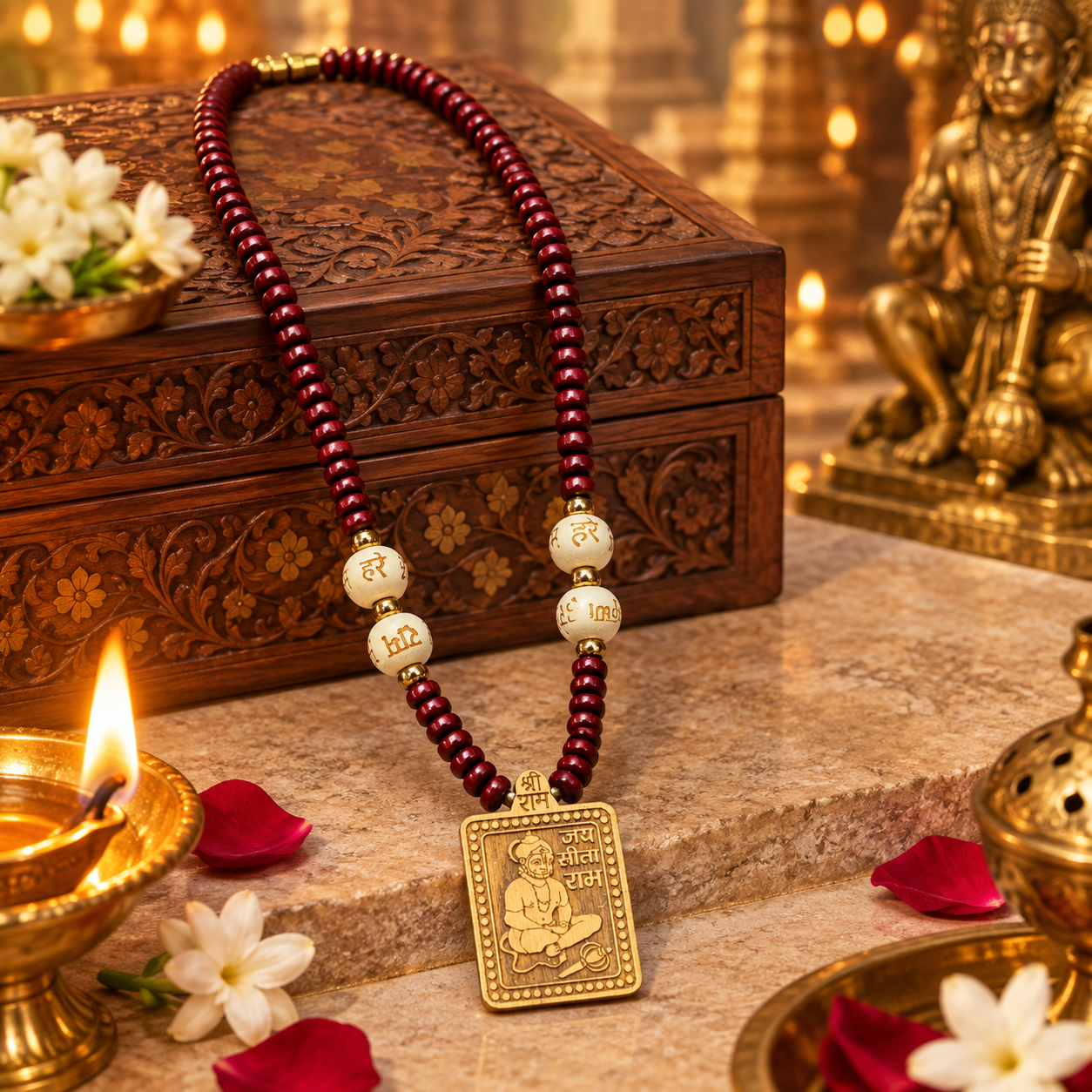 Hanuman Pendant Red Bead Mala-JS-SNL031