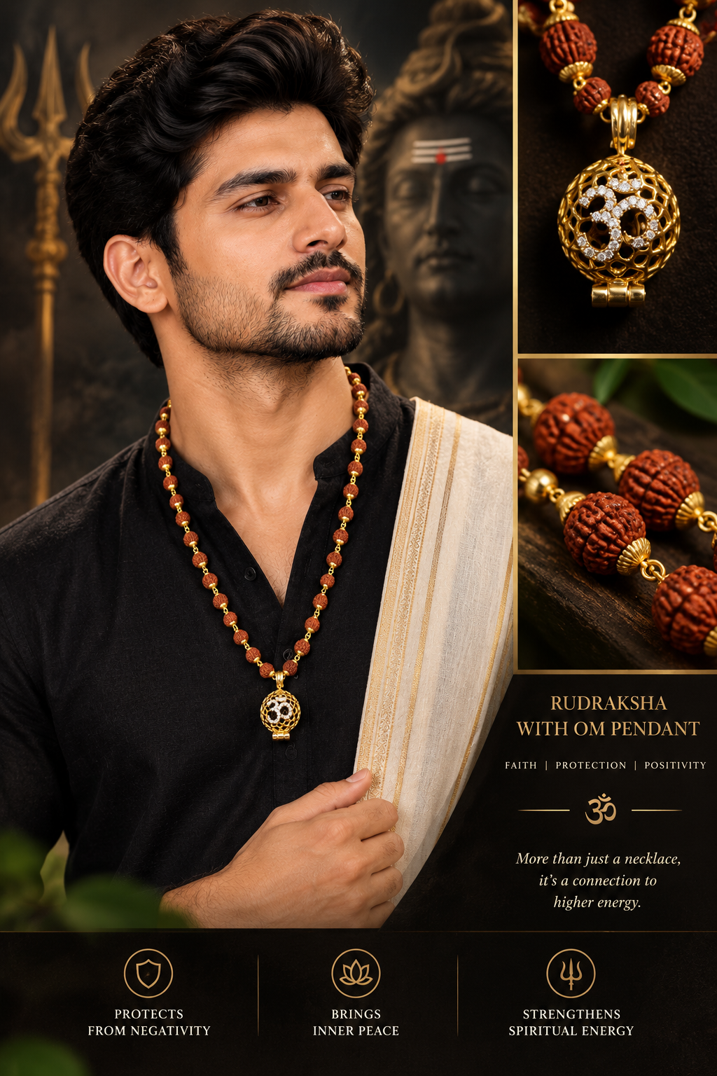 Original Rudraksha Mala with Gold-Plated Om Pendant | Genuine Rudraksha Beads for Men & Women-JS-SNL044