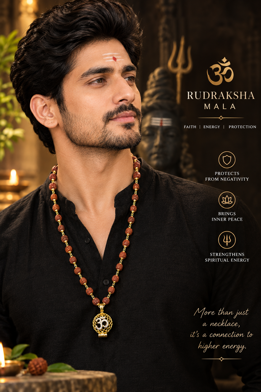 Original Rudraksha Mala with Gold-Plated Om Pendant | Genuine Rudraksha Beads for Men & Women-JS-SNL044