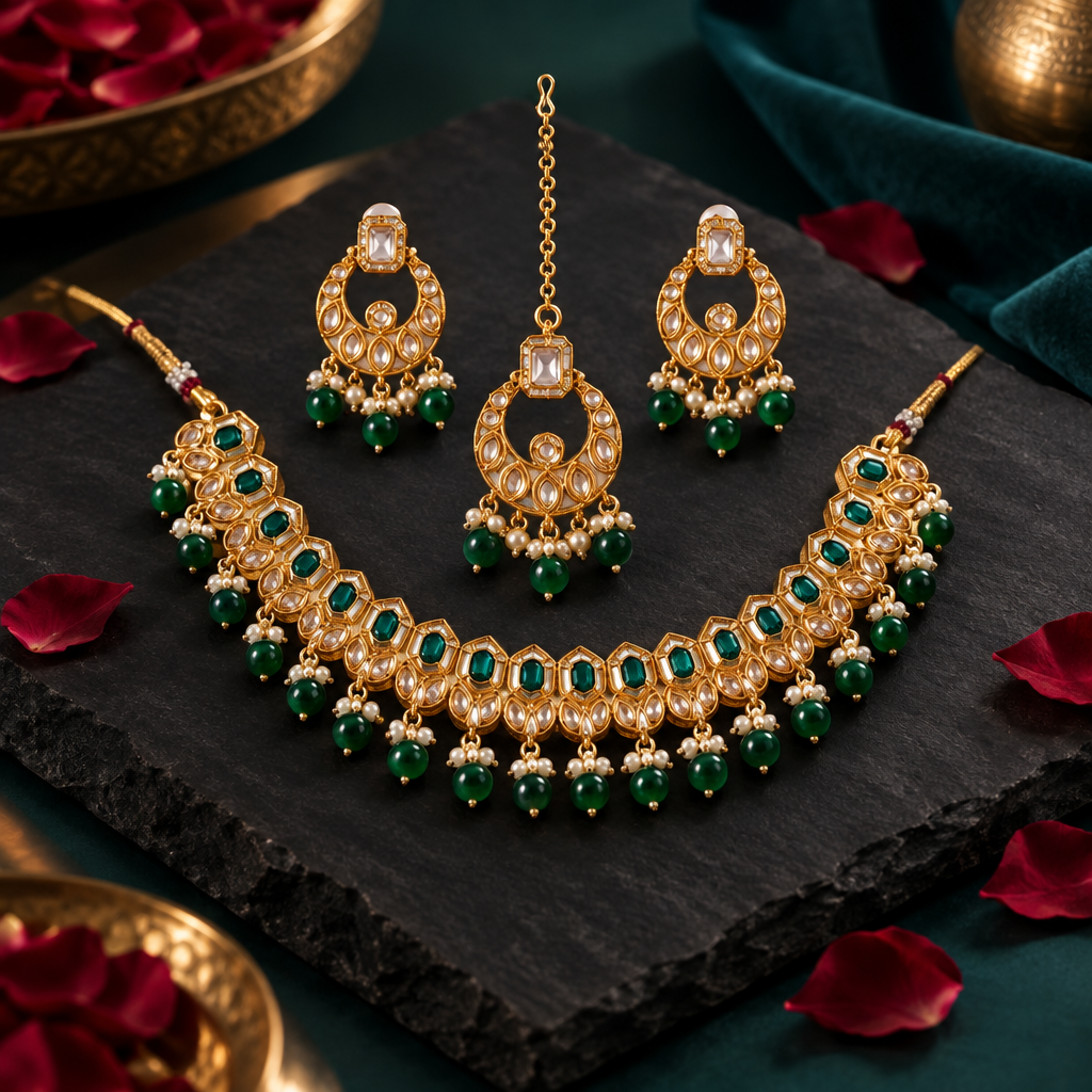 Gold-Plated Green Kundan Studded & Pearl Beaded Necklace & Chandbali Earrings Choker Set with Mangtikka