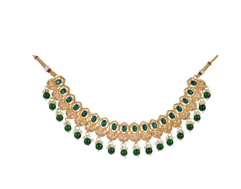 Gold-Plated Green Kundan Studded & Pearl Beaded Necklace & Chandbali Earrings Choker Set with Mangtikka