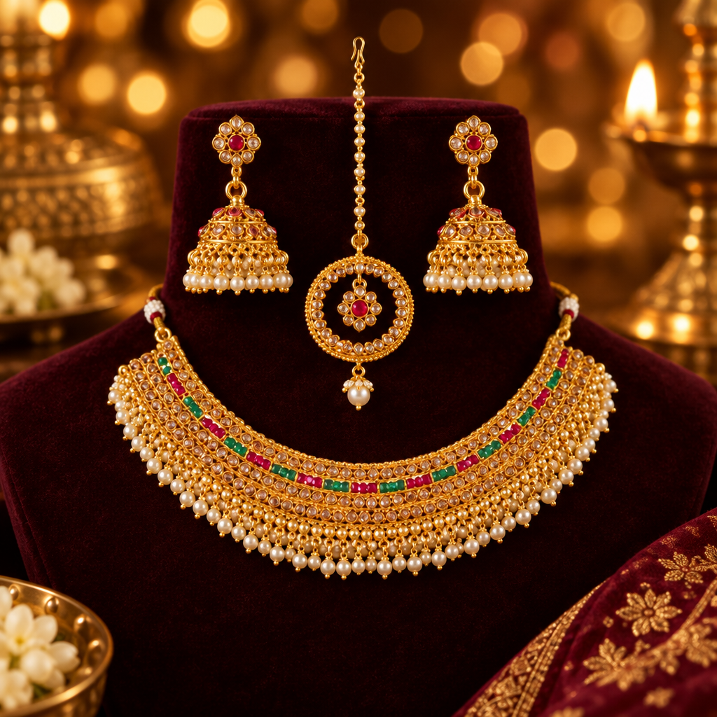 Gold-Plated Kundan-Studded Ruby Stone Studded Necklace & Earrings Choker Set-NL-JS25-40553