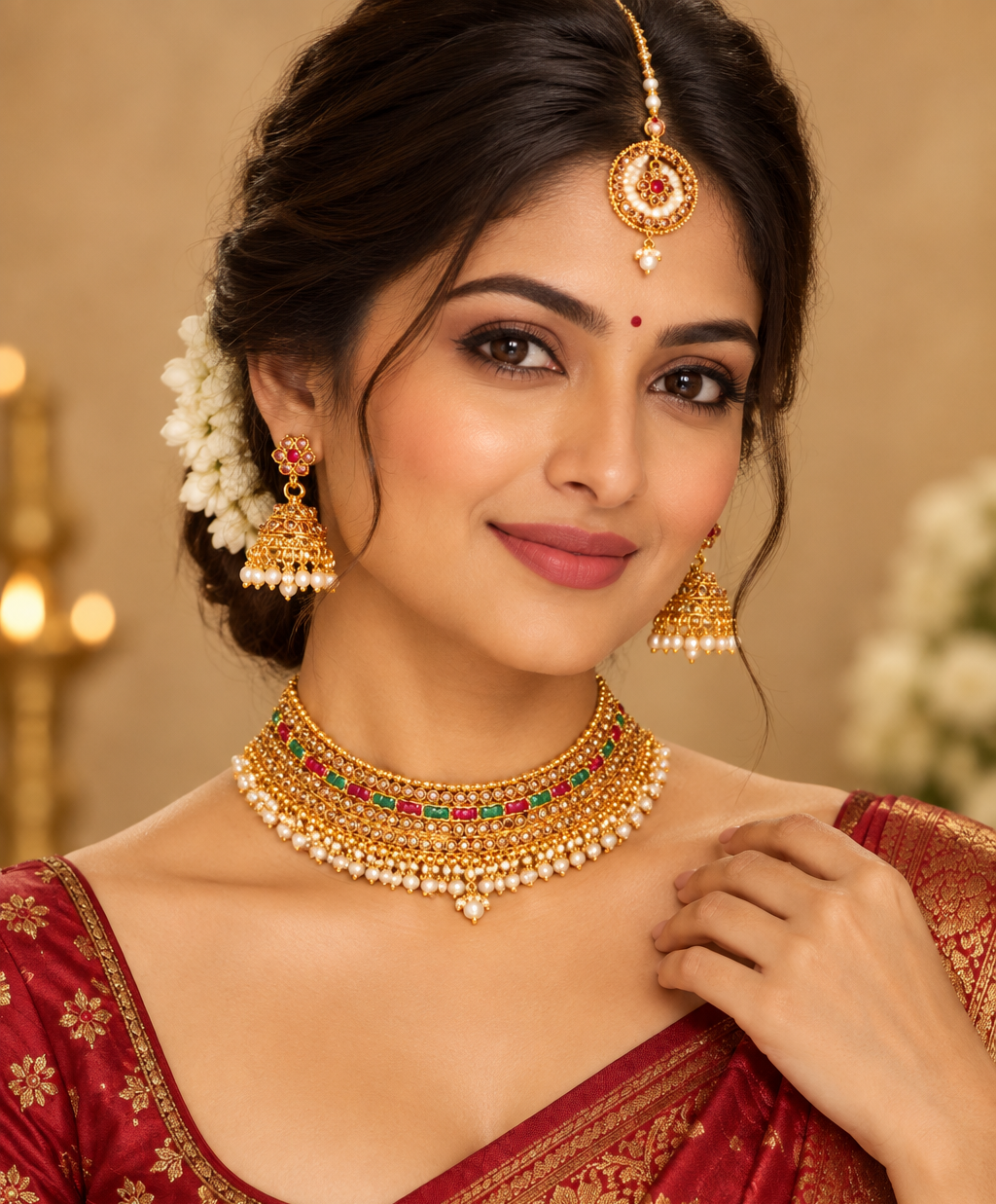 Gold-Plated Kundan-Studded Ruby Stone Studded Necklace & Earrings Choker Set-NL-JS25-40553