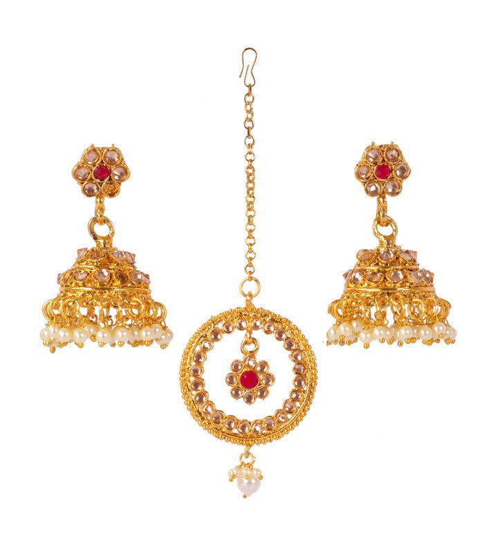 Gold-Plated Kundan-Studded Ruby Stone Studded Necklace & Earrings Choker Set-NL-JS25-40553