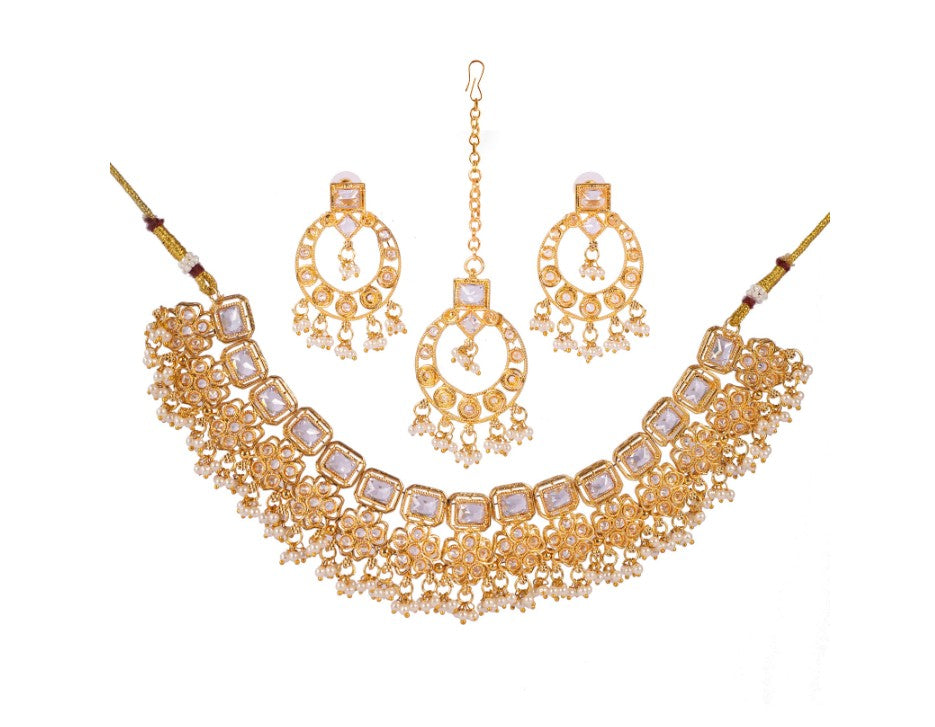 Gold-Plated Kundan Studded & Pearl Beaded Necklace & chandbali Earrings Choker Set with Mangtikka-NL-JS25-40556