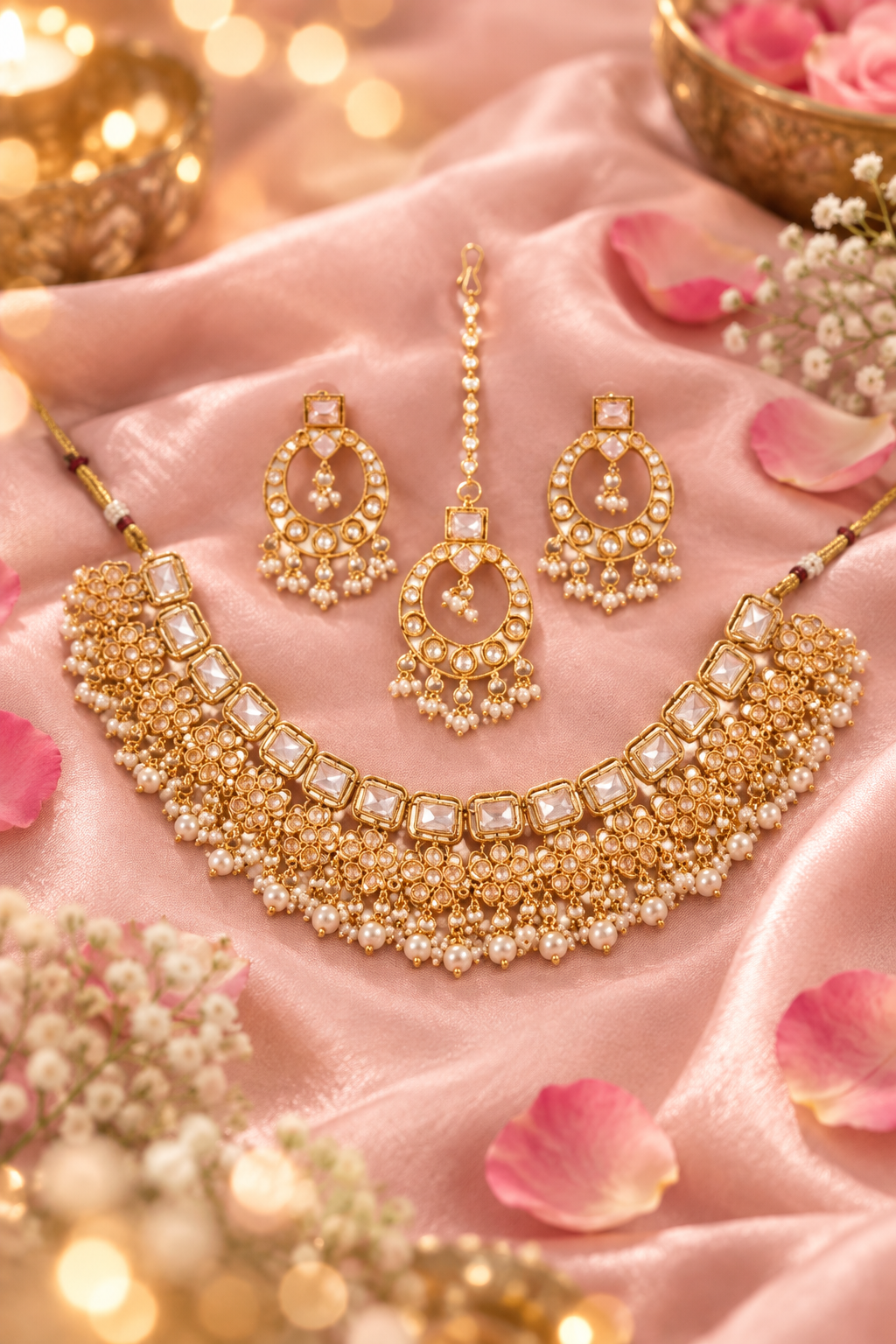 Gold-Plated Kundan Studded & Pearl Beaded Necklace & chandbali Earrings Choker Set with Mangtikka-NL-JS25-40556