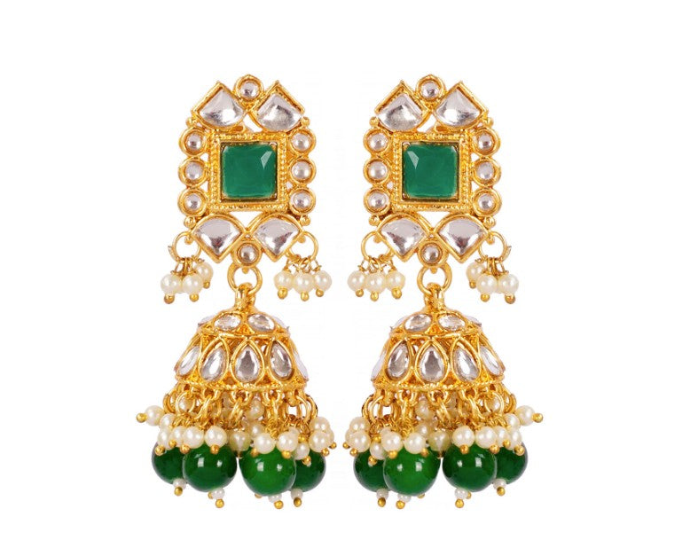 Gold-Plated Green Kundan Studded & Pearl Beaded Necklace & Earrings Choker Set with Mangtikka-NL-JS25-40559