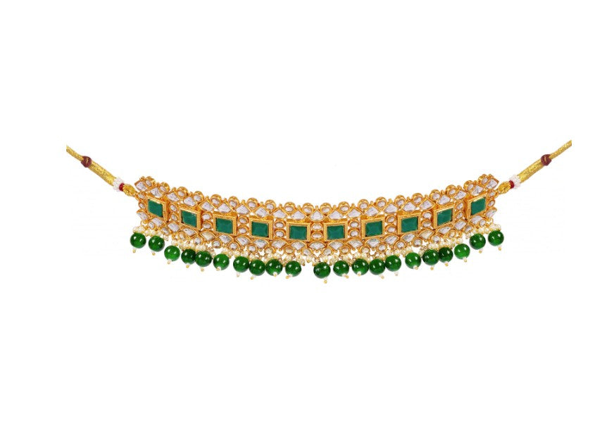 Gold-Plated Green Kundan Studded & Pearl Beaded Necklace & Earrings Choker Set with Mangtikka-NL-JS25-40559