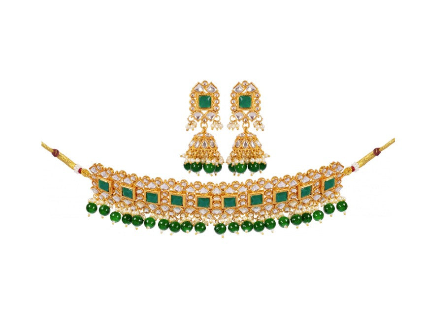 Gold-Plated Green Kundan Studded & Pearl Beaded Necklace & Earrings Choker Set with Mangtikka-NL-JS25-40559
