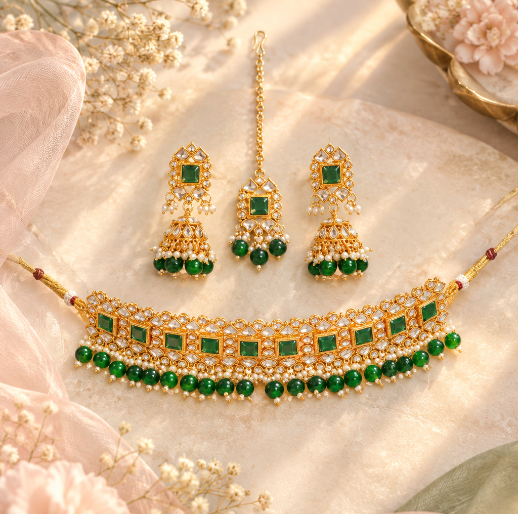 Gold-Plated Green Kundan Studded & Pearl Beaded Necklace & Earrings Choker Set with Mangtikka-NL-JS25-40559