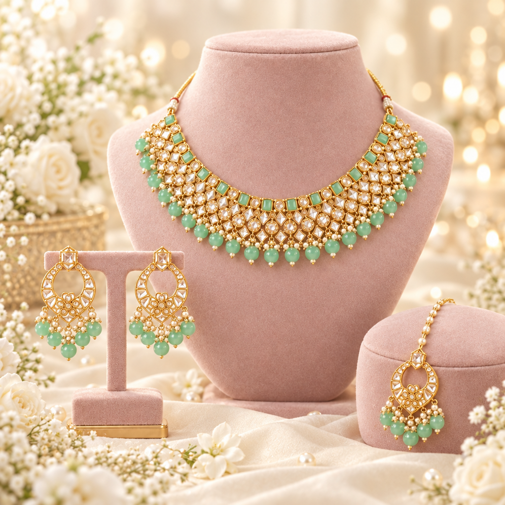 Gold-Plated Mint Green Kundan-Studded & Pearl Beaded Necklace & Earrings Choker Set with Mangtikka-NL-JS25-40554