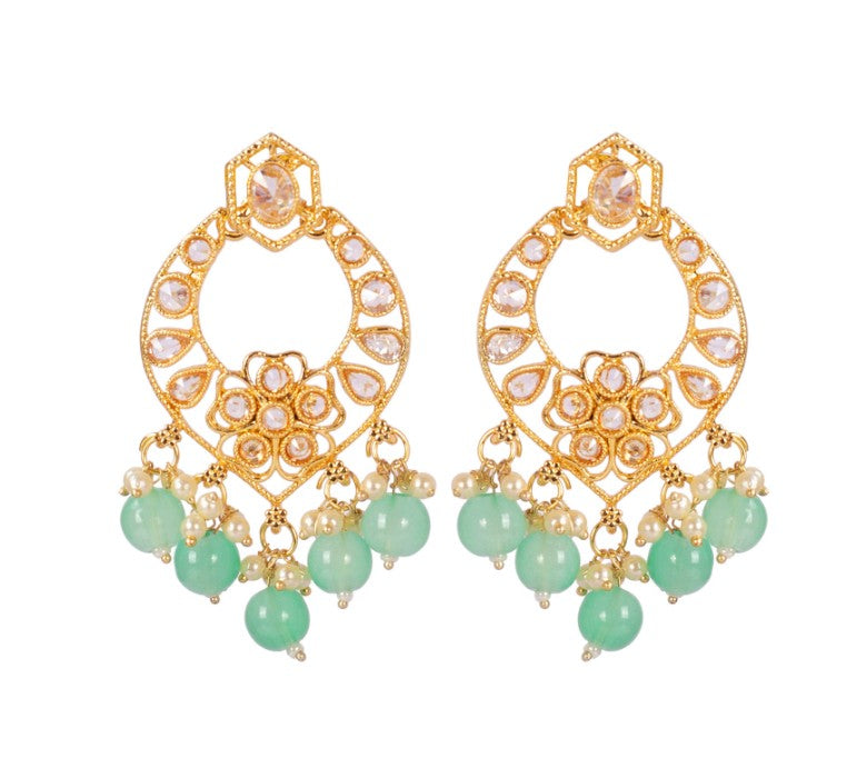 Gold-Plated Mint Green Kundan-Studded & Pearl Beaded Necklace & Earrings Choker Set with Mangtikka-NL-JS25-40554