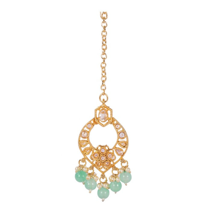 Gold-Plated Mint Green Kundan-Studded & Pearl Beaded Necklace & Earrings Choker Set with Mangtikka-NL-JS25-40554