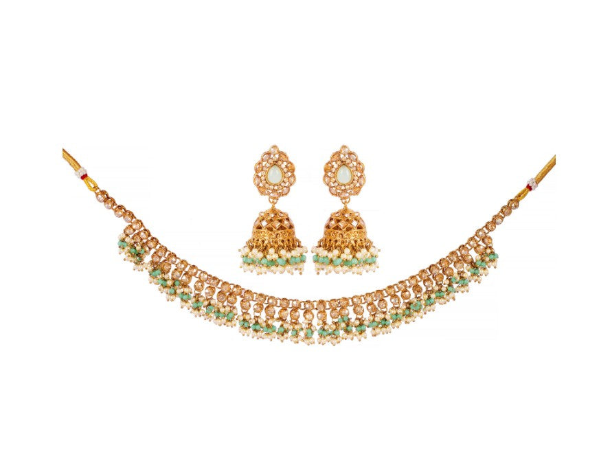 Gold-Plated Mint Green Kundan-Studded & Pearl Beaded Necklace & Earrings Choker Set with Mangtikka-NL-JS25-40555