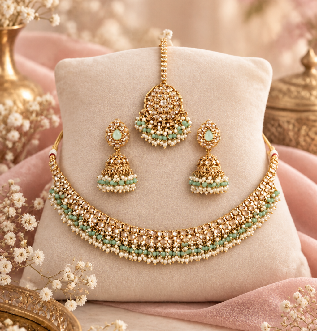 Gold-Plated Mint Green Kundan-Studded & Pearl Beaded Necklace & Earrings Choker Set with Mangtikka-NL-JS25-40555