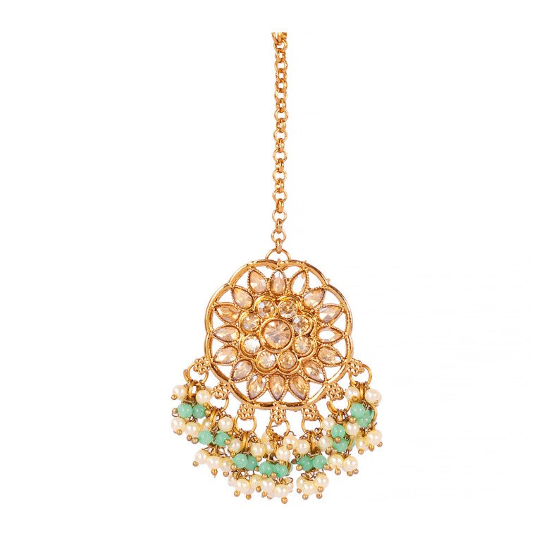 Gold-Plated Mint Green Kundan-Studded & Pearl Beaded Necklace & Earrings Choker Set with Mangtikka-NL-JS25-40555