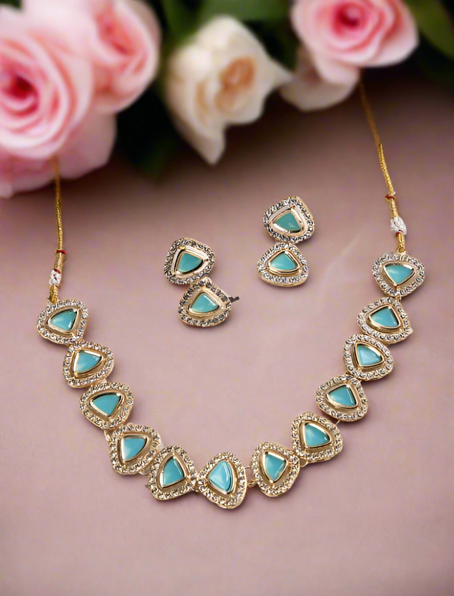 Jazz And Sizzle Gold-Plated Turquoise Blue Polki-Studded Jewelry Set