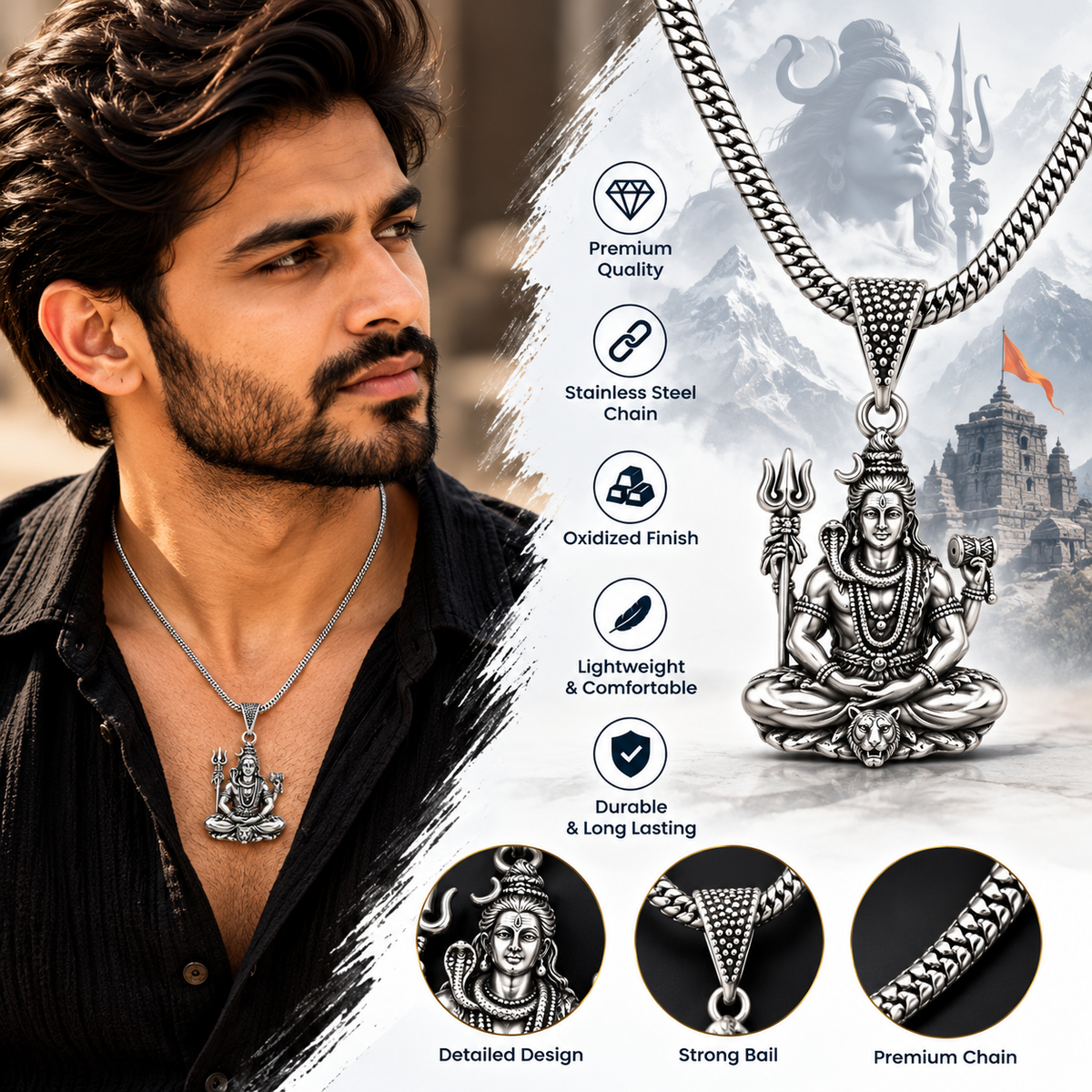 Antique Silver-Plated Lord Shiva Pendant Chain-JS-SNL-023
