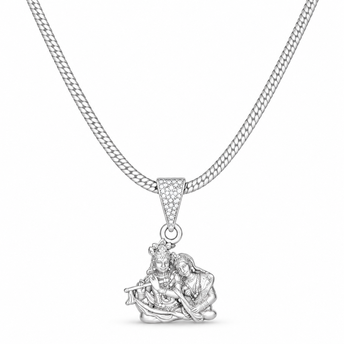 Antique Silver-Toned Brass Radha Krishna Pendant Chain-JS-SNL-021